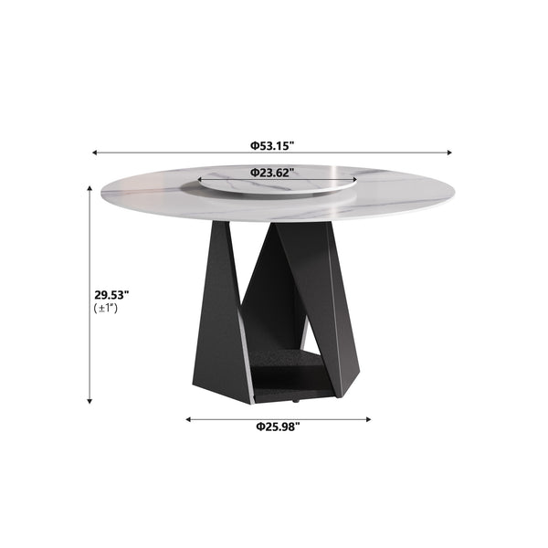 English Elm 53" Round Marble Dining Table With Iron Base, Seats 6 With Lazy Susan, Elegant White Finish W1535S00399
