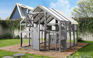 English Elm Large Walk-in Pine Wood Catio Enclosure with Platforms Resting Boxes and Planter Grey N704G201618E
