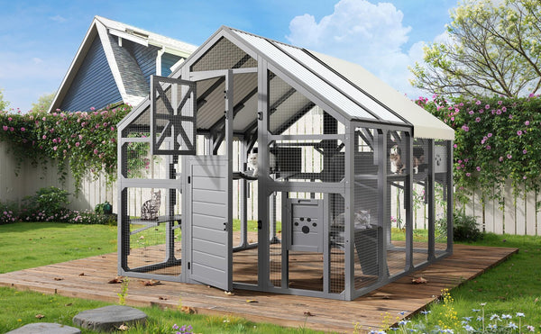 English Elm Large Walk-in Pine Wood Catio Enclosure with Platforms Resting Boxes and Planter Grey N704G201618E