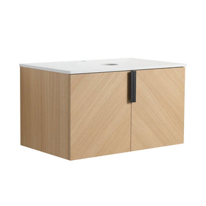 English Elm 30" Wall-Mounted Vanity with Artificial Stone Top, Oak Finish, Soft-Close Doors, Metal Handles, KD-pack W999P373489