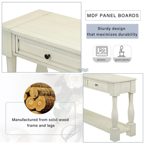 English Elm Trexm Distressed Entryway Console Table Three Drawers Open Shelf Mediterranean Wood Antique White N715P372052K