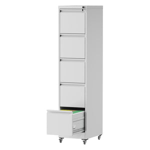 English Elm 5 Drawer Vertical File Cabinet on Wheels with Lock, Heavy-Duty Steel, Anti-Tilt Mobile Storage for A4/Letter/Legal Files White T2398P310088