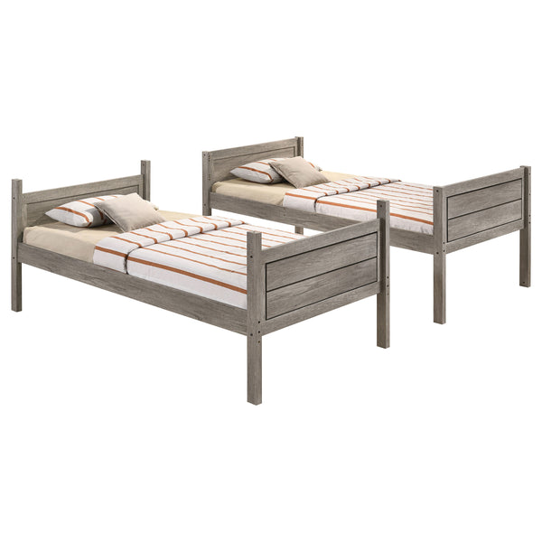 English Elm Brenton Twin-Over-Twin Bunk Bed with Ladder and Slatted Rails, Solid Rubberwood Farmhouse Style Retreat taupe B062S01005