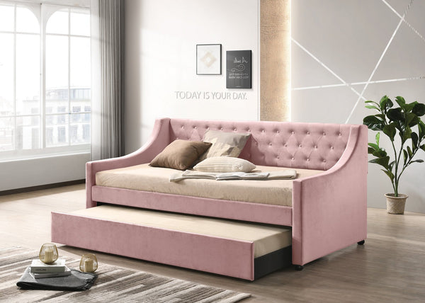 English Elm Lianna Pink Velvet Daybed with Roll-Out Trundle, Twin Upholstered Button-Tufted Bed, No Mattress Included B2726S00323