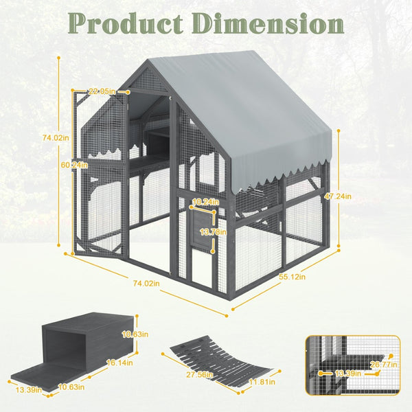 English Elm Cat, Outdoor Wood Enclosure Multi-level Shelter with Platforms Resting Boxes Waterproof Canopy W1598S00039