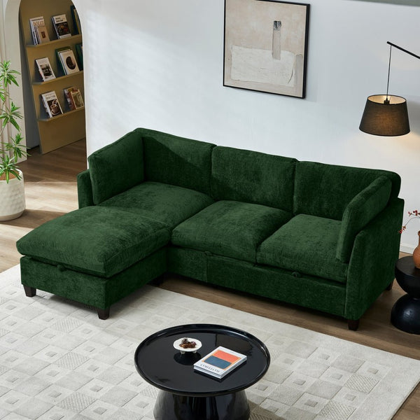 English Elm 96.5" L-shaped Chenille Sectional with Storage Ottoman Eucalyptus Frame Living Room Green W1097S00283