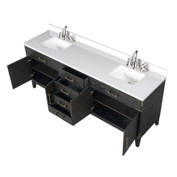 English Elm Black Oak Double Bath Vanity 84" With White Quartz Top, Chrome Faucet Set & Ample Storage Space B2731P260984
