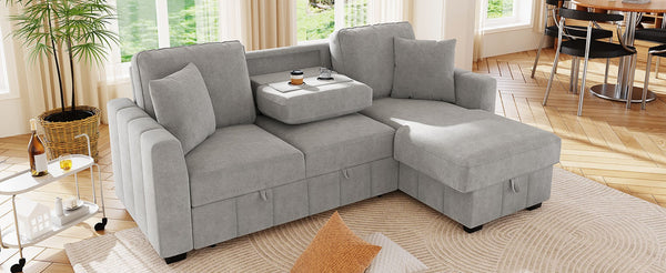 English Elm U_style Modular Sectional Sleeper Sofa with Storage Chaise and Cup Holders for Living Room Grey WY000467AAE