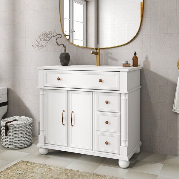English Elm 35.6" Freestanding Bathroom Vanity with Roman Column Base and Ceramic Integrated Sink W1801S00009
