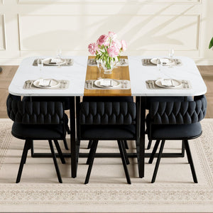 English Elm 7-piece Rectangular Dining Set Faux Marble Velvet Chairs Modern Apartment Table Black,White,Wood W3875S00134