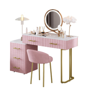 English Elm Velvet Upholstered Vanity Desk Set with Marble-Look Top, Padded Chair, 5 Spacious Drawers & Gold Accents Pink 17.5 L x 16.3 W x 16.1 H N733S272606H