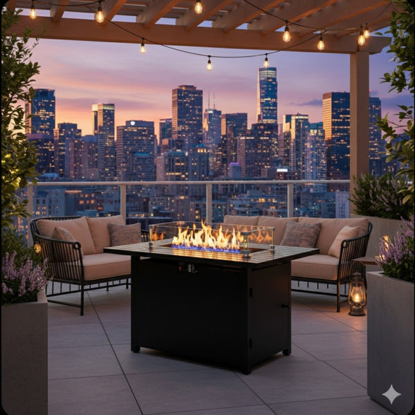 English Elm 43”width Outdoor Rectangular Propane Fire Pit Table with Iron Frame and Glass Shield B082P454964