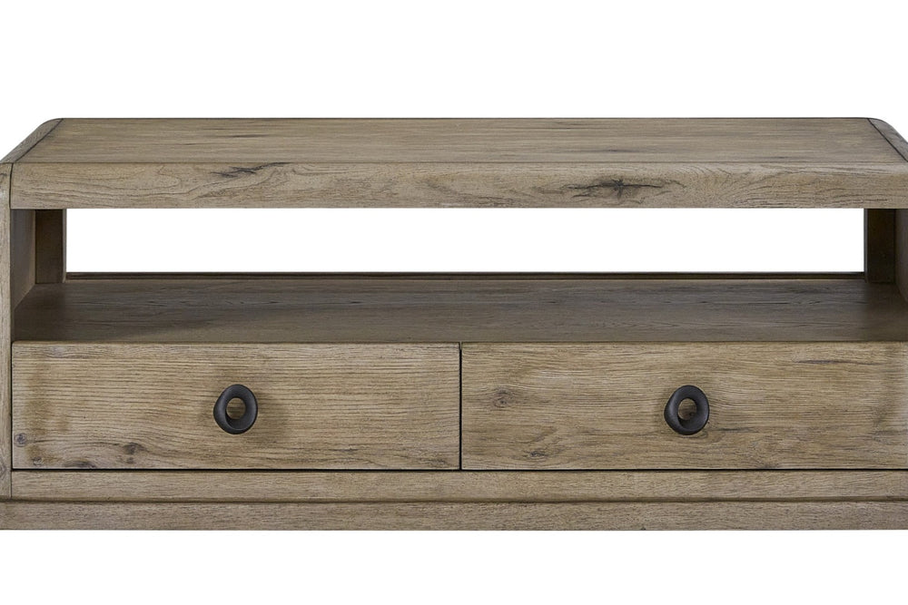 English Elm English Knotty Oak Veneer Cocktail Table with Two Drawers and Open Shelf Storage B2699P424780