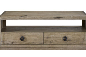 English Elm English Knotty Oak Veneer Cocktail Table with Two Drawers and Open Shelf Storage B2699P424780