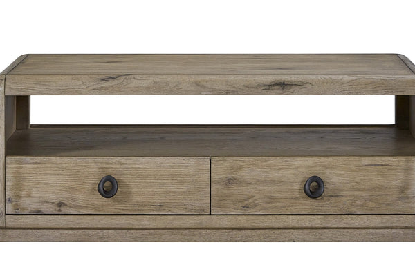 English Elm English Knotty Oak Veneer Cocktail Table with Two Drawers and Open Shelf Storage B2699P424780