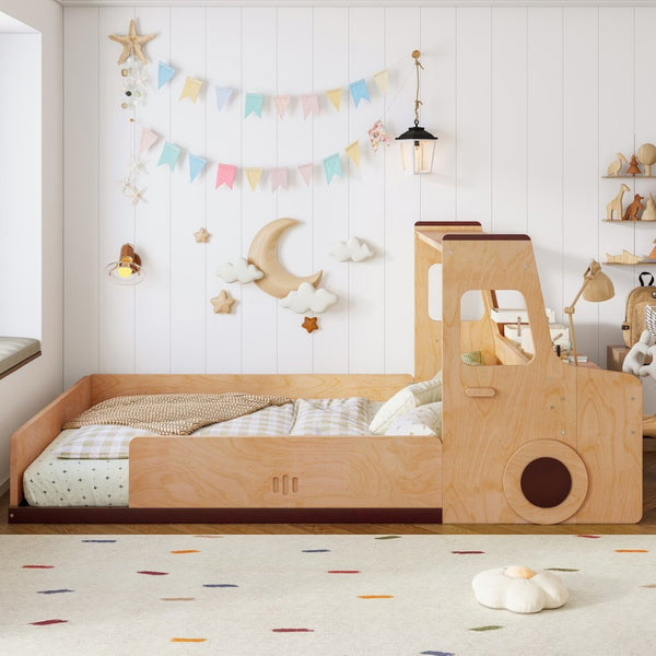 English Elm Full Size Car Shaped Kids Platform Bed with Storage Drawers Integrated Desk Pine Wood Natural W1580S00489