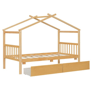 English Elm Twin House Bed Solid Pine Kids Cottage Frame with Storage Drawers Imaginative Room N708P309245M