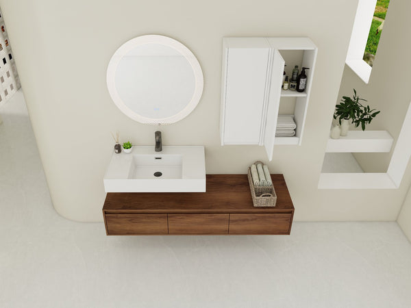 English Elm 60-Inch Wall-Mounted Vanity With Molded Resin Sink, 2 Side Cabinets & 3 Soft-Close Drawers For Storage W999S00285
