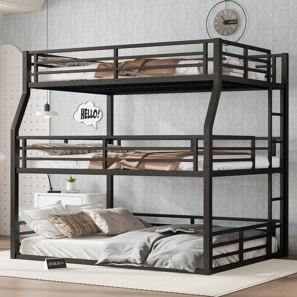 English Elm Full/Full Xl Over Queen Metal Triple Bunk Bed With Safety Guardrails – Heavy-Duty, Noise-Reducing Design W1580S00175