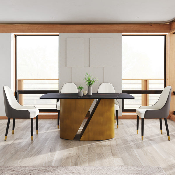 English Elm 63" Modern Sintered Stone Dining Table With Curved Black Panel And Bronze Iron Legs For 6-8 People W1535S00358
