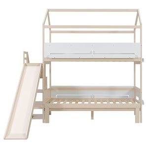 English Elm House-shaped Pine Bunk Bed with Built-in Slide Storage Staircase Twin Over Full Kids Frame Beige+White N820S00082A
