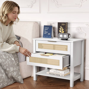 English Elm Rattan Front Boho Coastal Nightstand with Gold Pulls Open Shelf and Woven Drawer Accents White T3210P471548