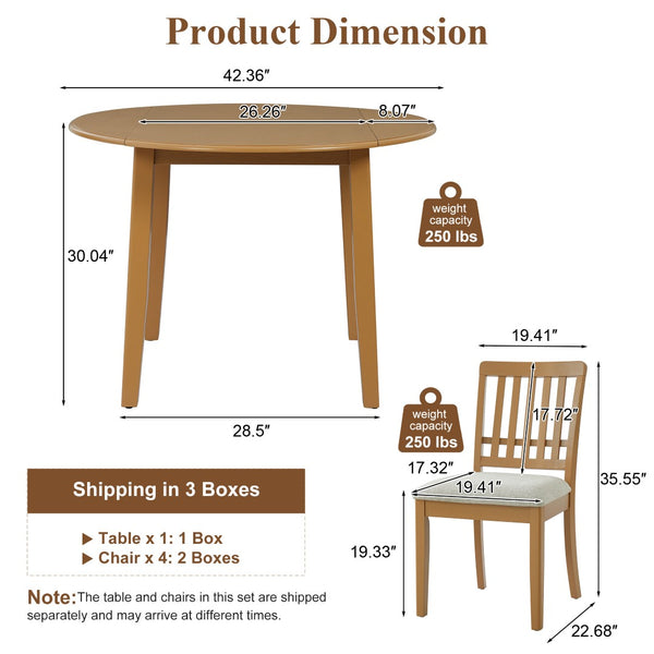 English Elm 5-piece Round Folding Dining Set with Mdf Table and Upholstered Chairs for Small Spaces Light Brown N752S0010618A