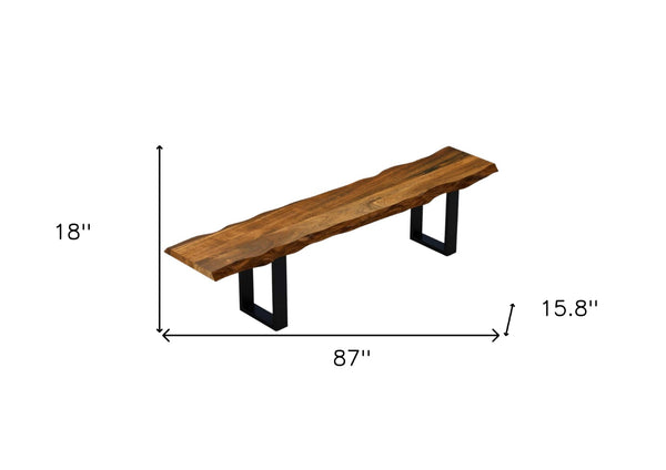 HomeRoots 87" Live Edge Acacia Wood Bench - Rustic Walnut Finish with Sturdy Black Metal Legs for Versatile Use 379793