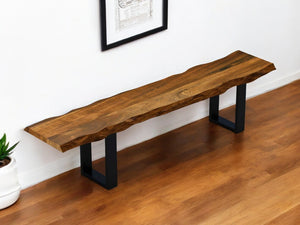 HomeRoots 87" Live Edge Acacia Wood Bench - Rustic Walnut Finish with Sturdy Black Metal Legs for Versatile Use 379793