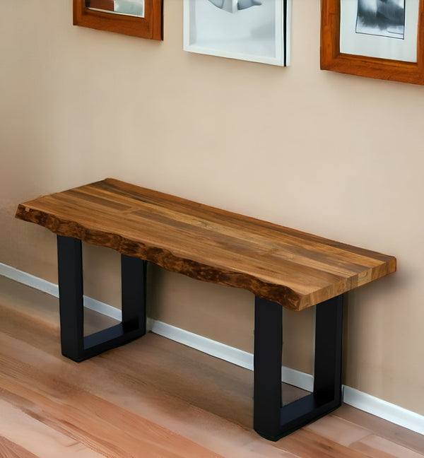 HomeRoots 43" Solid Wood Dining Bench with Black Metal Frame - Rustic Charm Meets Modern Style for Any Space 379795