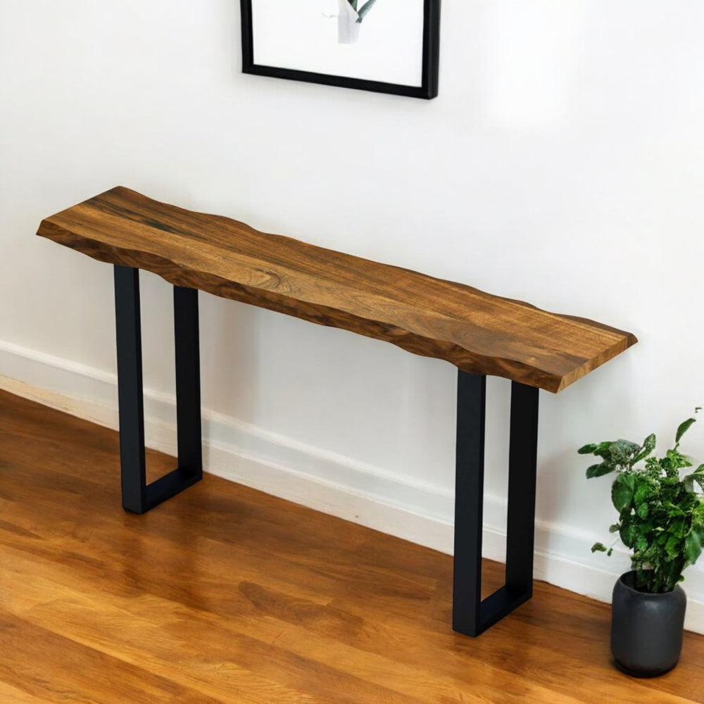 HomeRoots 69" Rustic Acacia Wood Console Table with Black Metal Sled Legs - Stylish Entryway & Storage Solution 379799