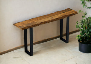 Homeroots 69" Brown And Black Solid Wood Distressed Sled Console Table   379799