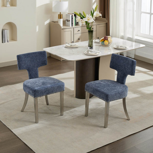 English Elm Mid Mid Century Modern Dining Chair Set with Curved Copper-Nail Backrest, High-Density Foam Seat, Brushed Stainless Legs Blue W1143P314901