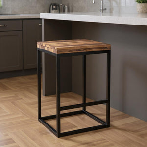 HomeRoots 25" Backless Counter Height Bar Chair - Stylish Solid Wood Seat & Sturdy Iron Frame for Modern Spaces 379807