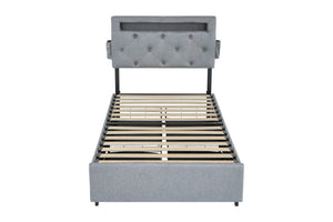 English Elm Twin Upholstered Bed Frame with Headboard, 4 Storage Drawers, USB Ports, RGB LED Mood Lighting W1960P175563
