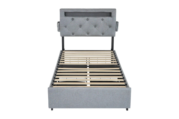 English Elm Twin Upholstered Bed Frame with Headboard, 4 Storage Drawers, USB Ports, RGB LED Mood Lighting W1960P175563