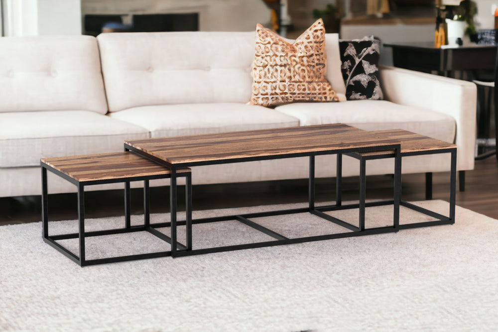 Homeroots Set Of Three 47" Natural And Black Solid Wood And Iron Coffee Table   379808