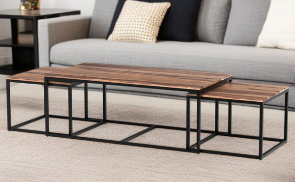 HomeRoots Set of Three 47" Natural Wood and Black Iron Coffee Tables - Versatile, Stylish Centerpieces for Any Room 379808