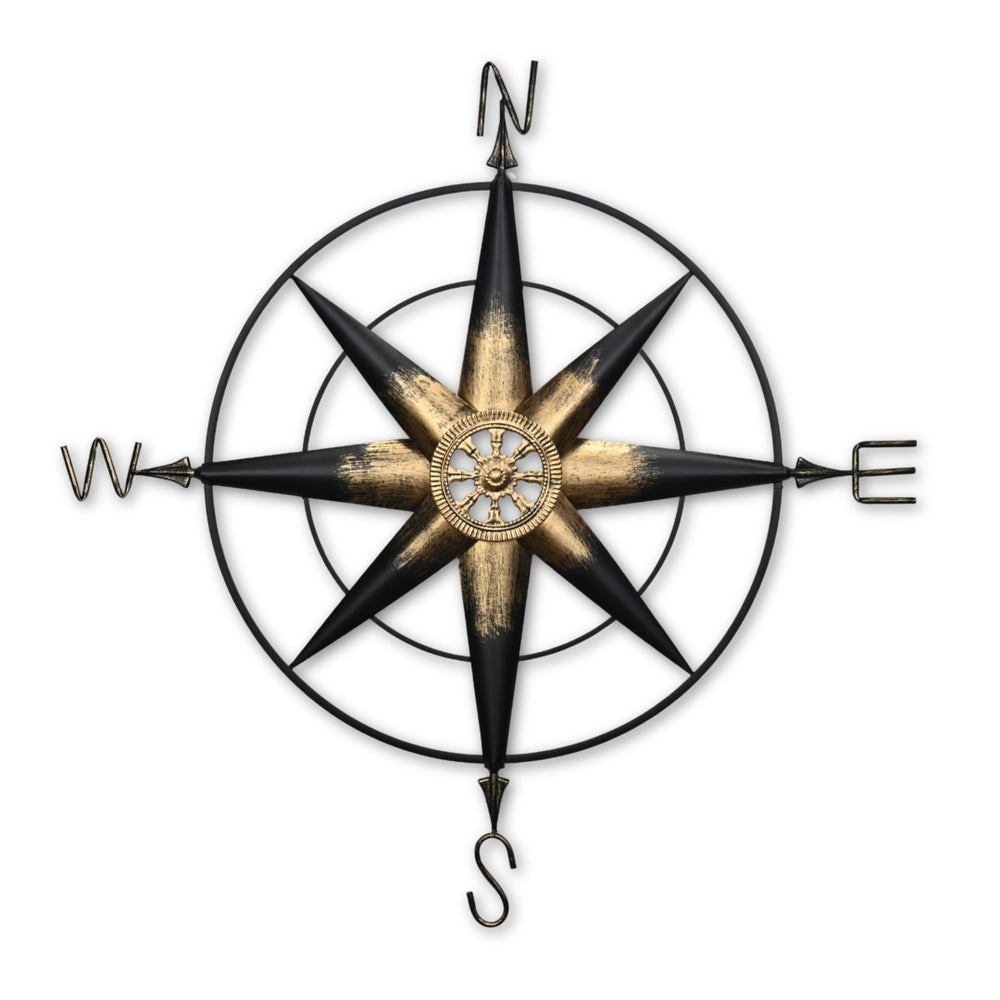 HomeRoots 39" Black Rustic Compass Metal Wall Decor - Handcrafted Nautical Accent for Vintage Home Styling 379829