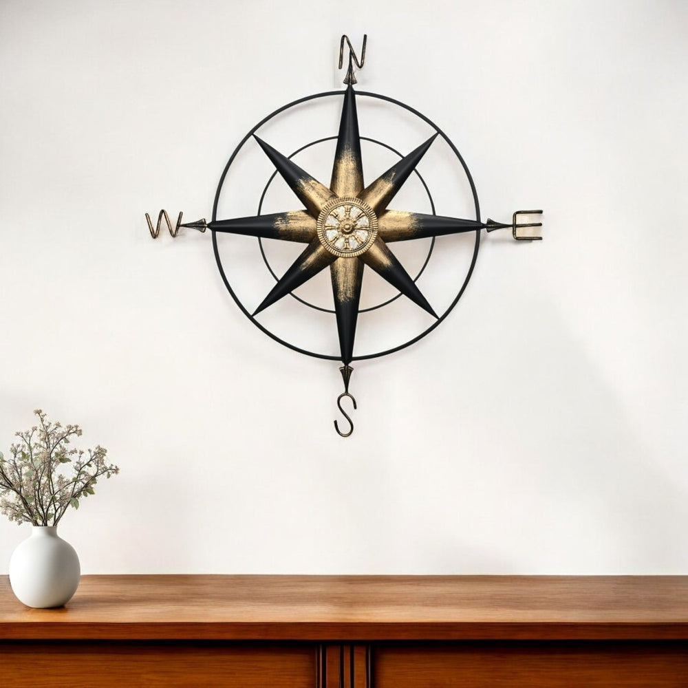 HomeRoots 39" Black Rustic Compass Metal Wall Decor - Handcrafted Nautical Accent for Vintage Home Styling 379829