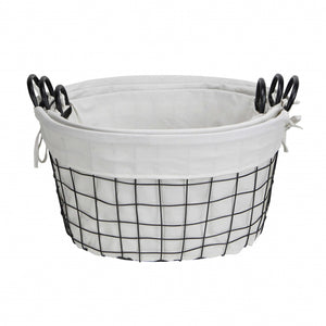 Homeroots Set Of Three Black Oval Wire Baskets With White Fabric Liners And Handles   379831