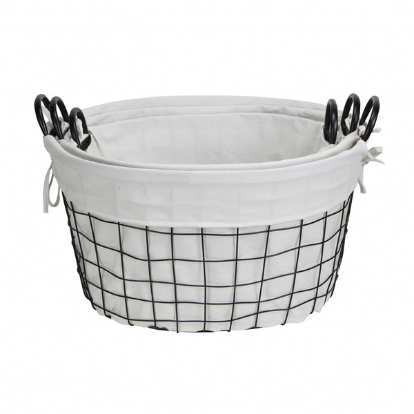 Homeroots Set Of Three Black Oval Wire Baskets With White Fabric Liners And Handles   379831