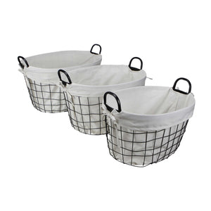 Homeroots Set Of Three Black Oval Wire Baskets With White Fabric Liners And Handles   379831