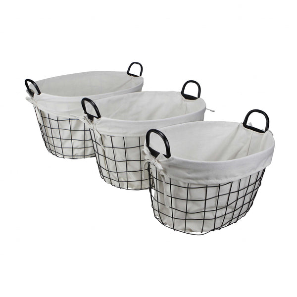 Homeroots Set Of Three Black Oval Wire Baskets With White Fabric Liners And Handles   379831