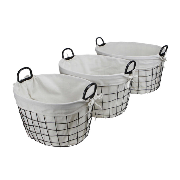 Homeroots Set Of Three Black Oval Wire Baskets With White Fabric Liners And Handles   379831