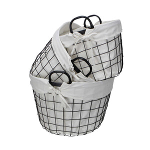 Homeroots Set Of Three Black Oval Wire Baskets With White Fabric Liners And Handles   379831