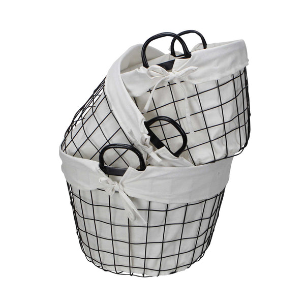 Homeroots Set Of Three Black Oval Wire Baskets With White Fabric Liners And Handles   379831