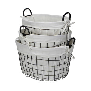 Homeroots Set Of Three Black Oval Wire Baskets With White Fabric Liners And Handles   379831