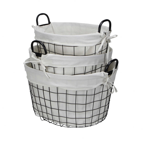 Homeroots Set Of Three Black Oval Wire Baskets With White Fabric Liners And Handles   379831