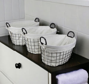Homeroots Set Of Three Black Oval Wire Baskets With White Fabric Liners And Handles   379831